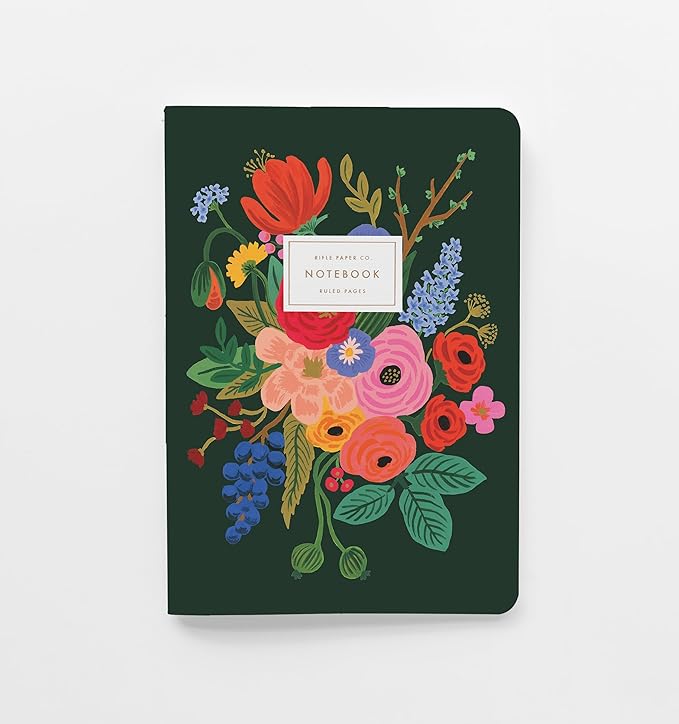RIFLE PAPER CO. Garden Party Stitched Notebook Set, Set Of 3 Colorful Notebooks, 64 Ruled Pages With Gold Ink, Full Color Canvas Cover With White Text Paper Interior (6" W × 8.5" L)