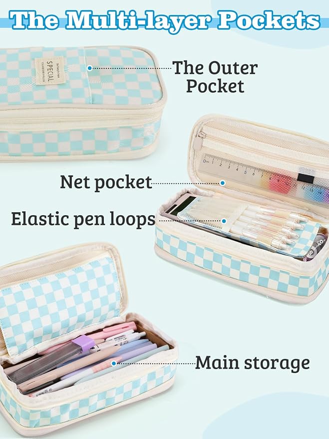 Bigmeta Gingham Expandable Pencil Case for Teens Girls - Light Blue | Zipper Gusset for Adjustable Capacity, Checkered Cute Pencil Pouch, Stationery Bag Box for Student Back to School Gifts