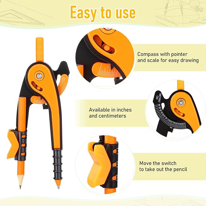 Zonon 2 Pcs Student Protractor and Compass, Student Geometry Math Set Drawing Compass and 180 Degree 6 Inch Protractor with Swing Arm for Drawing Measuring School Office (Orange)