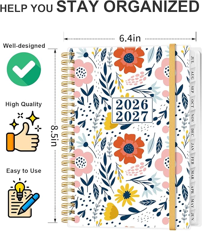 Planner 2026-2027 - Academic Planner from July 2026 to June 2027, Weekly & Monthly Planners Spiral Bound with 12-Month Tabs, Inner Pocket, 6.25" x 8.5", Pink Flower