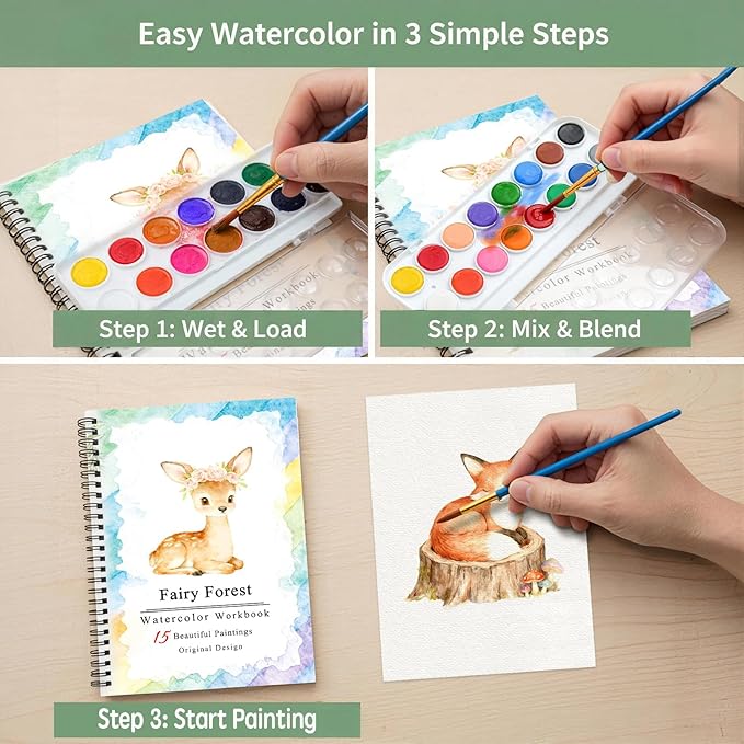 SLWBZ Watercolor Workbooks Coloring Book, Beginner Friendly Painting Kit, Detailed Steps, Creative Exploration Watercolor Book with Paint Set for Adults Teens (Fairy Forest, with Paint)