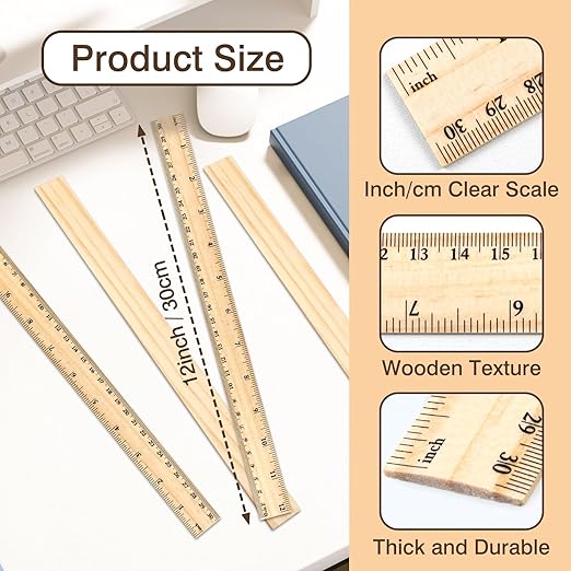 4-Pack Wooden Measuring Rulers – 12 Inch / 30 cm Dual-Sided Wood Ruler Set for Students, Teachers, Office & School Use