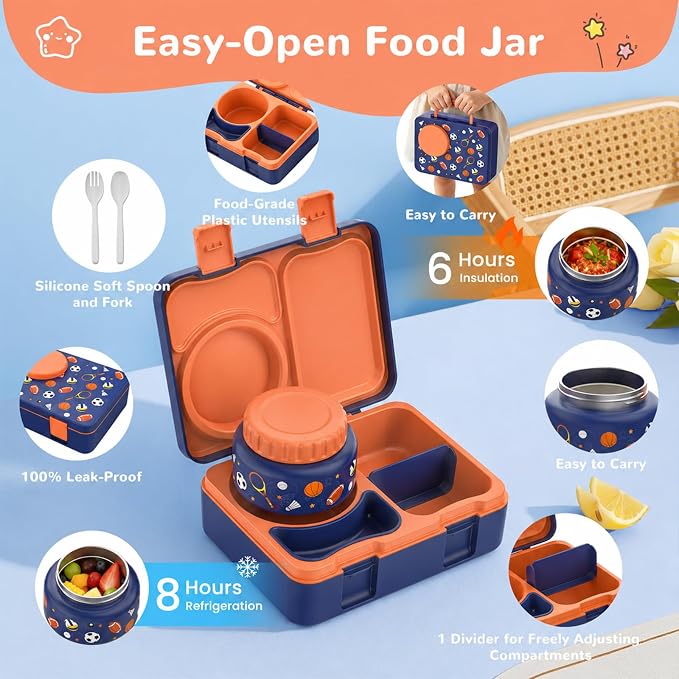Kids Insulated Lunch Box with 8OZ Thermo Food Jar | Leakproof Bento Box with Ice Pack Sauce Cup Utensils Removable Tray & Dividers for School Daycare Travel, Sports