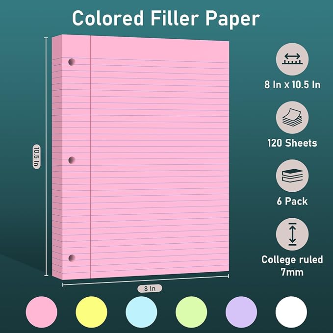 720 Sheets Loose Leaf Paper, 6-Color Lined Paper Notebooks, 8 x 10.5 College Ruled Filler Paper, 3-Hole Punched Binder Paper, Double-Side Printed Writing Paper Notepads for Home, Office, School