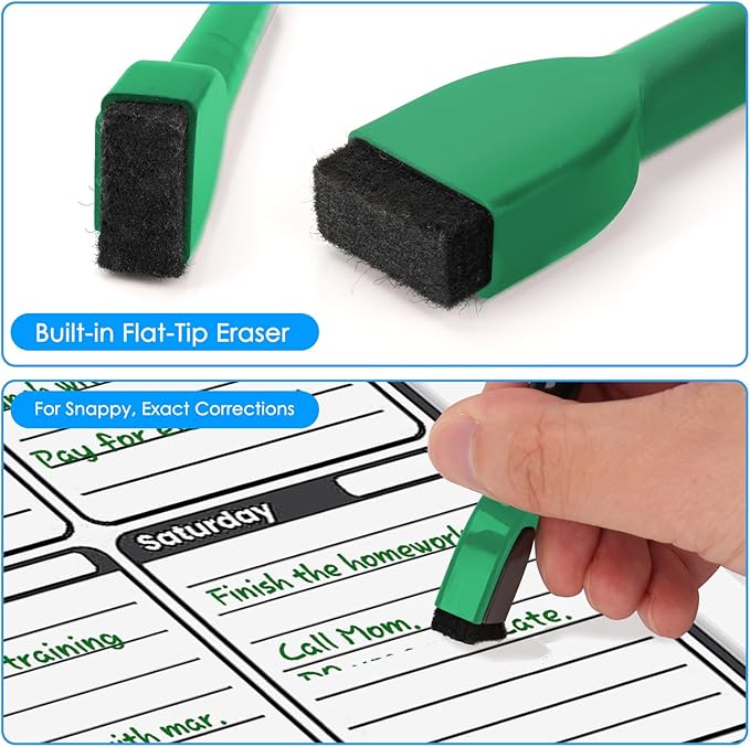 maxtek Magnetic Whiteboard Markers - 12 Count Green Fine Tip Dry Erase Markers with Eraser for Kids, Low Odor Thin Markers for Calendar Boards