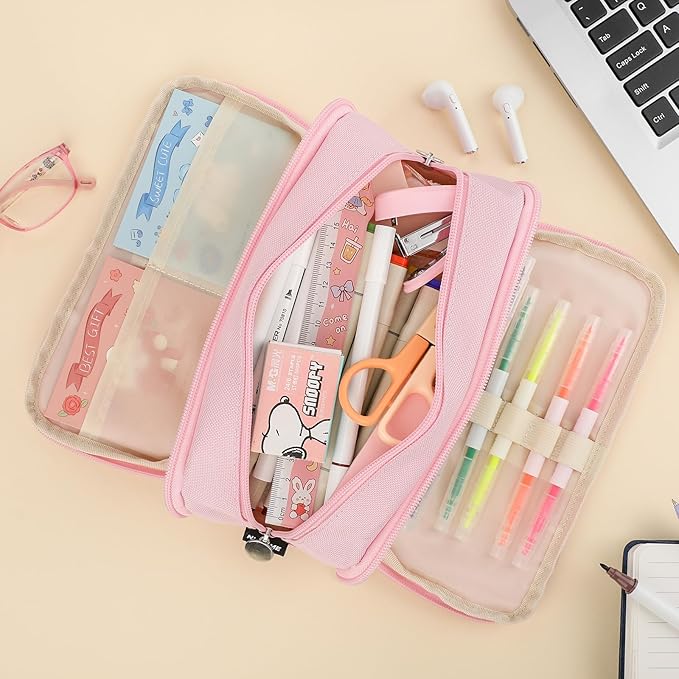 Extra Large Capacity Pencil Case 3 Compartment Initial Pencil Pouch Personalized Cute Aesthetic Stationery Pen Case Bag for School Teen Girl Boy Men Women Gift (T, Blue)