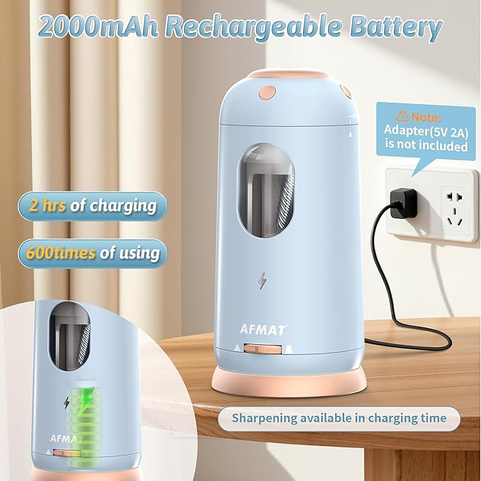AFMAT Electric Pencil Sharpener, Auto in & Out, Fully Automatic Pencil Sharpener, Rechargeable Hands-Free Sharpeners for Jumbo & Colored Pencils (7-11.5mm), Good for Classroom/Home PSC8(Light Blue)