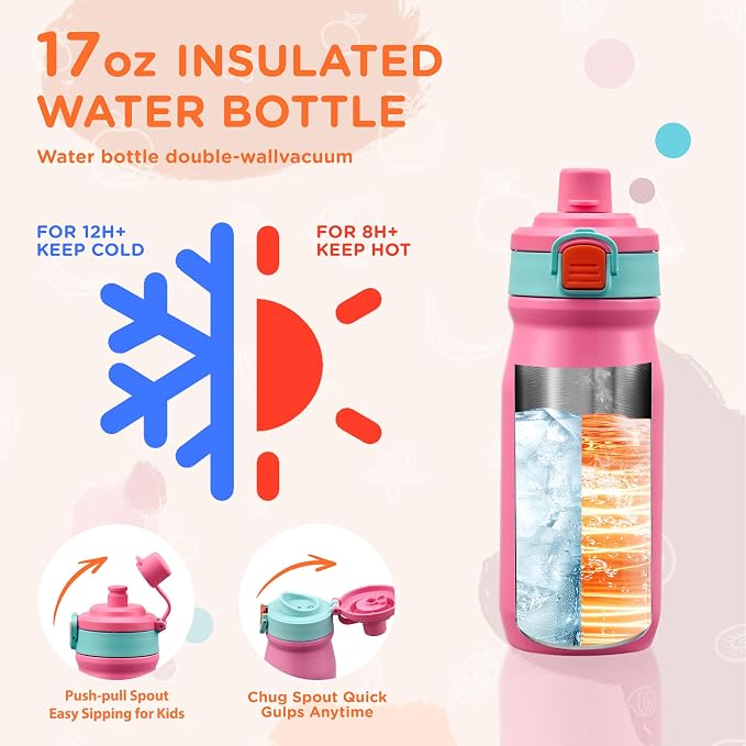 MAISON HUIS Bento Box for Kids with 8oz Soup Thermo, Insulated Lunch Bag & 17oz Water Bottle, 2-Compartment Bento Box with Built-In Ice Pack, Leak-Proof & BPA-Free (Pink)