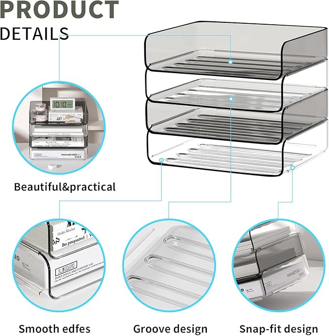 FANXIYQ 4-Tier Horizontal Acrylic Paper Tray Organizer | Clear Stackable Desk Organizer for Documents, Letters, A4 Paper | Modern Office/Classroom/Home Organization,Clear&Brown