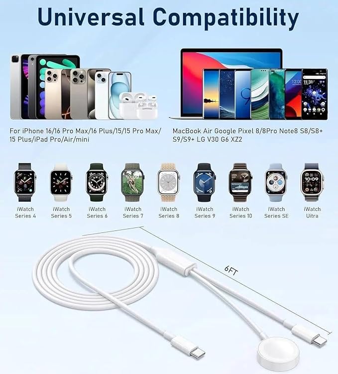 2 in 1 USB C Apple Watch Charger Cable,[MFi Certified] iPhone Fast Magnetic iWatch 6ft Type C Charging Cord for i Watch Series 11/10/Ultra/9/8/7/SE/6/5/4/3/2/1,iPhone 17 Pro/17 Air/16 Pro Max/15 Plus
