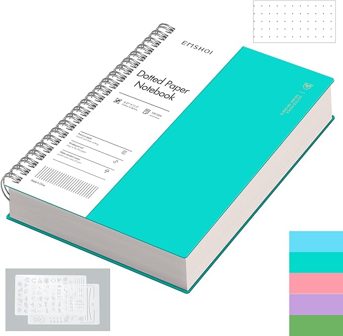 EMSHOI Dotted Journal Spiral Notebook, 300 Pages, A4 Large 8.27"x11.2", 100 GSM Thick Paper, Flexible Plastic Cover, 5mm Dot Grid Notebook for Journaling, Planning, Drawing, Writing, Light Blue