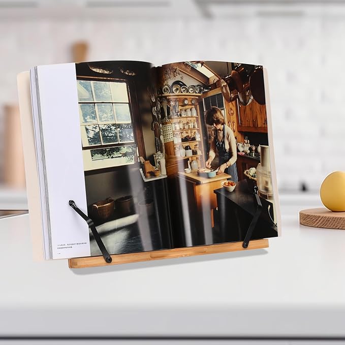 MEGREZ Book Stand for Reading (13.2 x 9.4 inch) Bamboo Cookbook Stand Holder for Kitchen, Adjustable Book Holder Stand for Tablet/Textbook Holder/Hollow Bookrest Stand, Bow