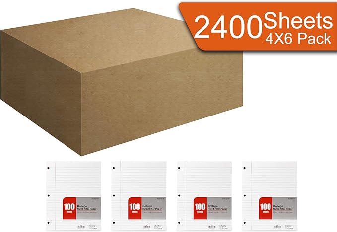 Mintra Office Filler Paper (College Ruled, 2400 Sheets (4-6pks)) - for 3-Ring Binder, Notepaper, Loose leaf lined paper, 3 Hole punched, bulk pack