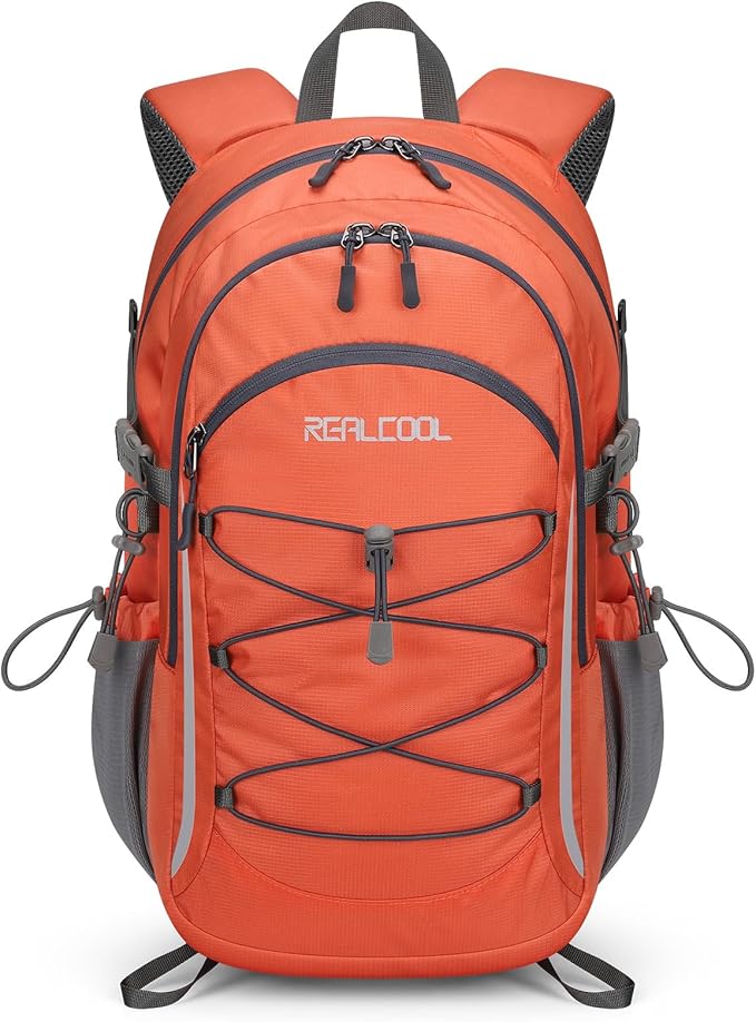RealCool 30L Lightweight Hiking Backpack, Waterproof Daypack for Camping | 210D tear-resistant nylon, breathable shoulder and back panel, Multi-Compartment,hydration system,reflective strip,bungee net