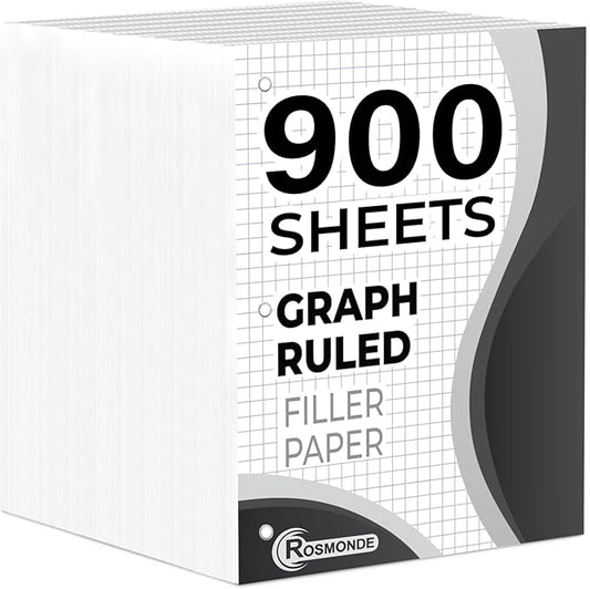 Rosmonde 6 Pack Graph Paper, 900 Sheets, 4x4 Loose Leaf Paper, 8" x 10.5", 3 Hole Punched for Ring Binders, Grid Paper, Thick Graphing Filler Paper, Quad Ruled, Notebook Paper for School & College