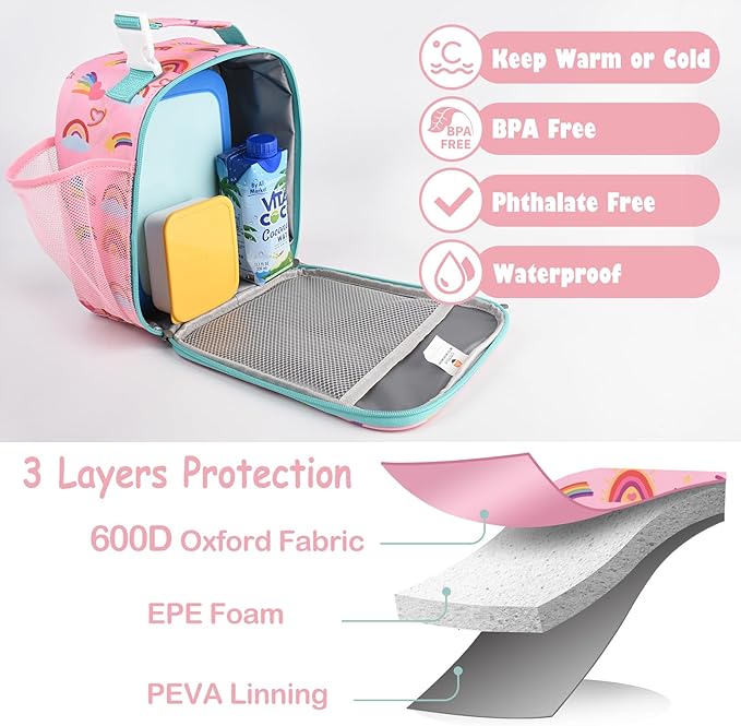 CaCTOUR Lunch Box Kids,Premium Insulated Lunch Bag for Girls Boys,Soft Bag Mini Cooler Back to School Thermal Reusable Lunch Bag for Work School Picnic (Rainbow)