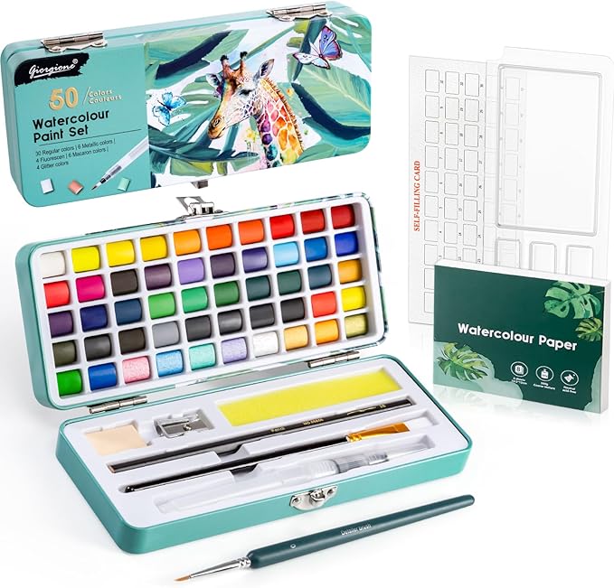 Prudiut 50 Colors Watercolor Paint Set, With Watercolor Paper, Palette, Brushes, Water Color Art Supplies for Beginner Artists Adults Mothers Day Gifts for Mom