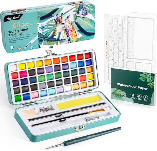 Prudiut 50 Colors Watercolor Paint Set, With Watercolor Paper, Palette, Brushes, Water Color Art Supplies for Beginner Artists Adults Mothers Day Gifts for Mom