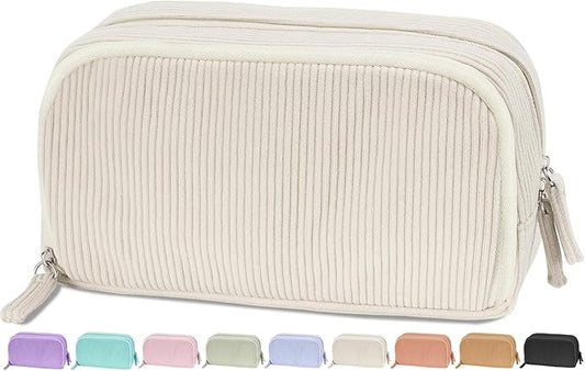 Sooez Big Capacity Pencil Case Pen Pouch, Soft Corduroy Pencil Bag with 3 Compartment, Multiple Pockets, Sturdy Zipper, Cute School Supplies Pen Bag Organizer For Teen Girls College, Beige