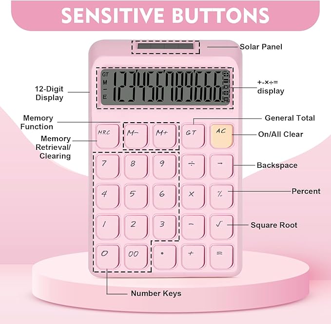 Cute Calculator, Calculators Desktop, Pink Calculator Big Buttons, Solar and Battery Dual Power, 12-Digits Large LCD Display, Desk Calculators for Office Home School Basic Business (Pink)