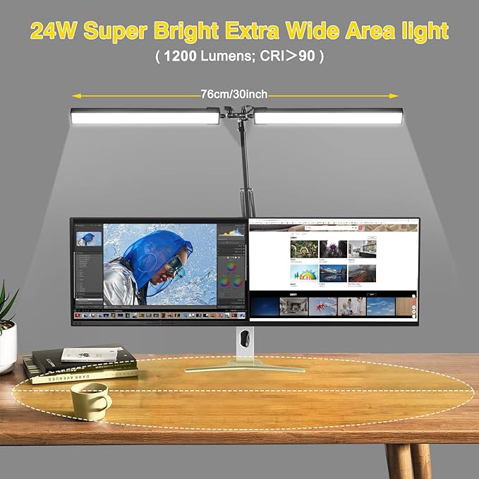 2-in-1 LED Double Head Desk Lamps for Home Office,24W Brightest Workbench Light,Eye-care Architect Desk Lamp with Clamp Base,3 Colors 10 Dimming Swing Arm Computer Desktop Light for Reading/Study