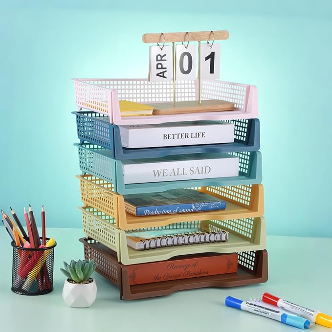 gisgfim 6 Pcs Turn in Trays Classroom Retro Paper Tray for Classroom Organization and Storage Stackable Plastic Book Baskets Turn in Bins Teacher Organizers for Library Drawers School Office Desk