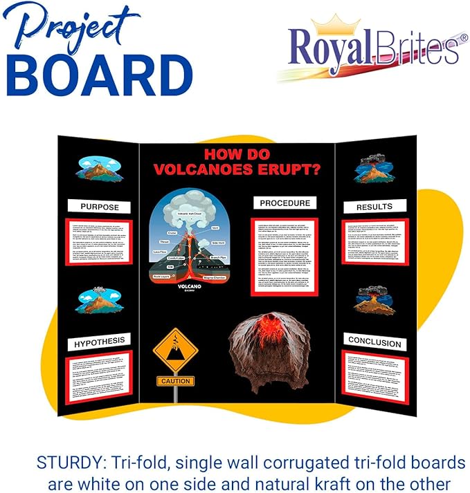 Royal Brites 1-Ply Corrugated Tri-fold Project Display Board 36" x 48", Exhibition, Presentation, & Science Fair Display Boards, Lightweight Trifold Board with Smooth Surface, Black/Kraft, Pack of 12