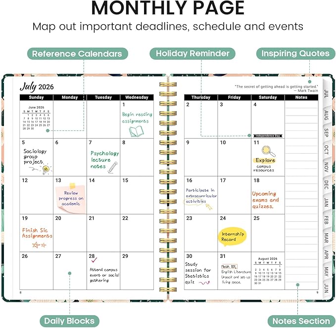 Planner 2026-2027, Academic Monthly and Weekly Calendar Planner for Women, July 2026 - June 2027, Hardcover Pretty Agenda Planner Book with Tabs, Spiral Daily Organizer for School Office Home Supplies, 6.3" x 8.5" - Desert Garden