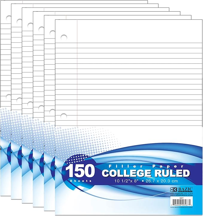 BAZIC Products College Ruled Filler Paper, 150 Sheets, 10.5" x 8", 6-Pack