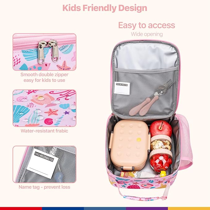 Bagseri Kids Lunch Box for Girls - Insulated Toddler Lunch Bag Fits Bento Box, Reusable Daycare Cooler Tote with Clip Handle, Water-Resistant Lining, Pink Sea World