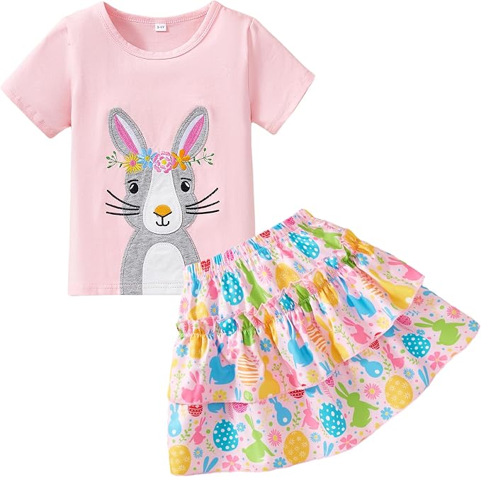 Little Girls Skirt Set - 2 Piece Short Sleeve Top Shirred Tiered Skirt Outfit Girls Spring Summer Clothes 3-8 Years