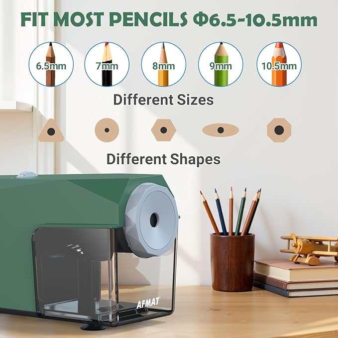 AFMAT Electric Pencil Sharpener, Fast & Hands-Free, 10K+ Uses, 5 Nibs, Fully Automatic Pencil Sharpener for Classroom, Heavy Duty Sharpeners for No.2/Jumbo/Colored Pencils (φ6.5-10.5mm) US Plug(120V)