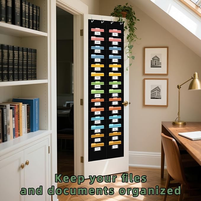 ANCOMEDO 28 Pocket Hanging Wall File Organizer with 28 Name tag Pockets, File Storage Pocket Chart for Classroom and Office Use. Keeps Assignments, Files, Scrapbooks, and Papers Neatly Organized.