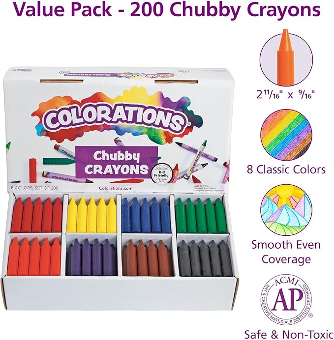Colorations Chubby Crayons for Kids, Set of 200 - Rainbow - Classroom Supplies - 2.68" L by .56" Dia Each) - Toddlers, Bulk, Washable, Non-Toxic, Jumbo