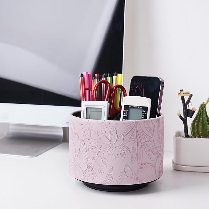 Round Leather Art Supply Organizer,Remote Control Holder,360 Degree Spinning,Multi-Functional Pencil Holder,4 Compartments Desktop Stationary Organizer(1-Carved Purple)