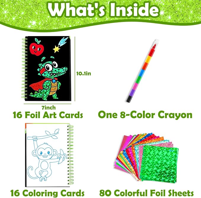 FUNNYB&G Foil Art Craft Kit for Kids 4-10 Years Old: Mess-Free & No-Glue, Create 16 Sparkly Animal World Pictures – Perfect Travel Toy & Birthday Gift for Kids (Animal World)