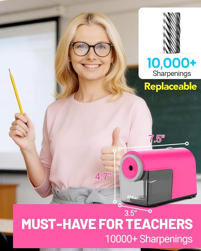 AFMAT Electric Pencil Sharpener, Fully Automatic Pencil Sharpener for 6.5-10.5mm No.2/Jumbo/Colored Pencils, Auto in & Out, 5 Sharpness Modes, 10000+ Sharpenings for Classroom Home Office, PSC5(Pink)