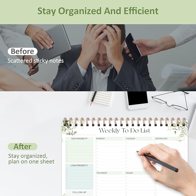Weekly To Do List Notepad, 52 Sheets Undated Weekly Planner, 8.5"x11" Letter Size Horizontal Desk Pad with 100GSM Thick Paper, Twin-Wire Spiral Bound Tear Off Lined Organizer for Office Work, School & Home