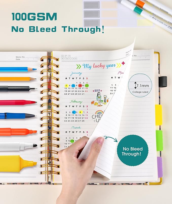 Hardcover Spiral Notebook Journal with Removable Dividers Tabs, 300 Pages 5 Subject Notebook College Ruled, 8"x10" Large B5 Notebooks for Work School Note taking, Journal for Women, Flower