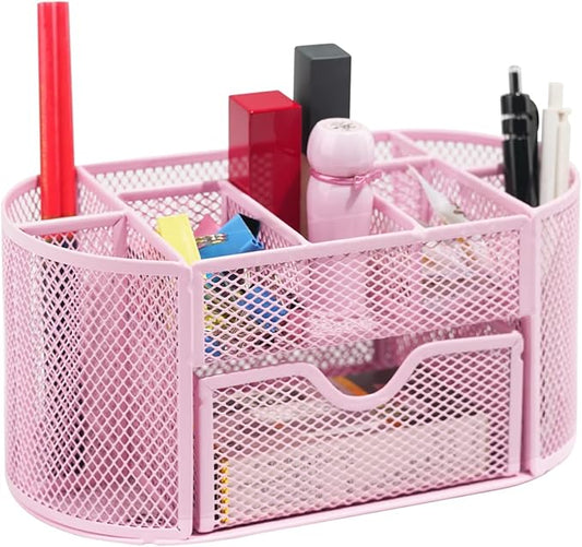 Newkita Desktop Organizer with Pencil Pen Holder and Accessories Offering 8 Compartments and 1 Drawer for Home, School and Office. (Cherry Blossom Pink)