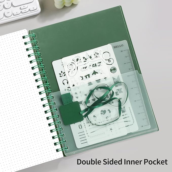 RETTACY Dotted Journal Notebook, 300 Pages, A4 Large Size (8.2'' × 11.2''), 100 GSM Thick Paper, Flexible Plastic Cover, Spiral-bound, for Journaling, Planning, Tracking (Dark Green)