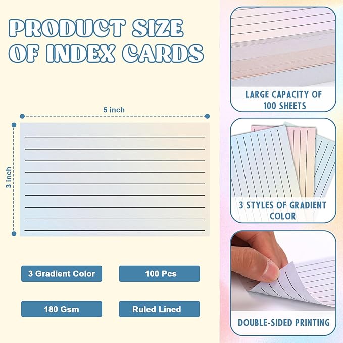 100 Pack Ruled Index Cards 3x5 Gradient Colored Index Cards Heavy Weight Note Cards 180gsm Flashcards Double Sided Notecards Lined Recipe Cards for Studying Drawing