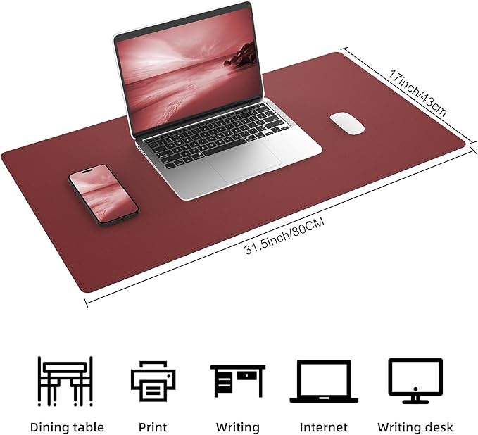 AFIING Cork Desk Mat 31.5" x 17", Waterproof Dual-Sided Cork & PU Leather Desk Pad, Non-Slip Desk Protector for Home Office, Workspace Setup & Gaming (Red)