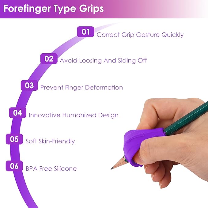 Children's Pencil Grips, Training Device, Pencil Holder for 3- to 15-year-olds, Ergonomic Writing Aid for Kids - Right and Left Hands. (7PCS, Silica Gel, Purple)