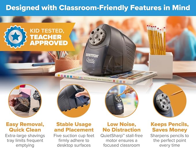 Bostitch Office QuietSharp Electric Pencil Sharpener, Heavy Duty Classroom or Office Use, Size Selector with 6 Different Sizes, Black