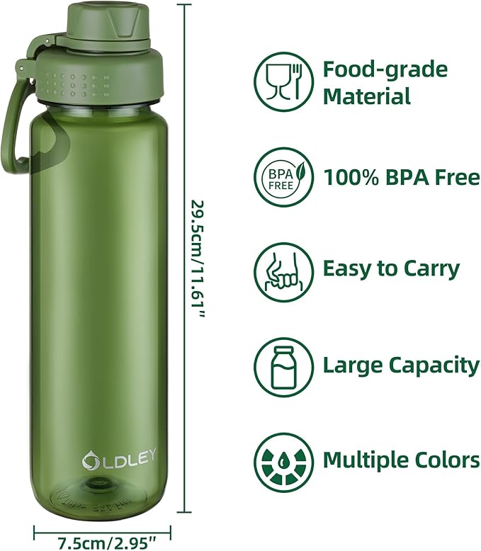 OLDLEY 32 oz Water Bottle, Sports Tritan Water Bottle with Carry Handle and Spout Lid, Leakproof & BPA Free Large Water Bottles for Home,Travel, School, Outdoors, Gym, Olive Green