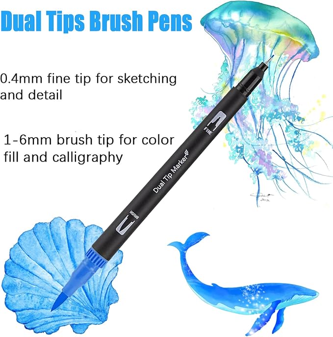Blue Dual Tip Brush Pen,Colored Fine & Brush Calligraphy Pens, Dual Tip Blue Markers for Adult Coloring Felt Tip Books Drawing Planner Calendar Art Sketch Outlining Sketching Calligraphy