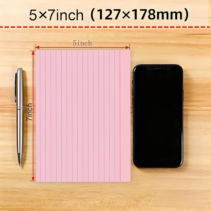 Pink Ruled Index Cards 5x7 Inch - 50 Pack Study Flash Cards for School, Office & Home, Durable Note Cards with Lines