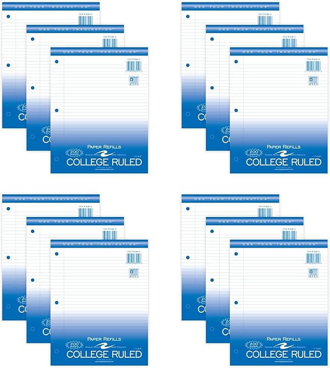 Roaring Spring Loose Leaf Paper, 200 Sheets Per Pack, 8"x11" White 15# College Ruled Notebook Filler Paper With Margin, 3-hole Punched, Proudly Made in the USA (Pack of 12)