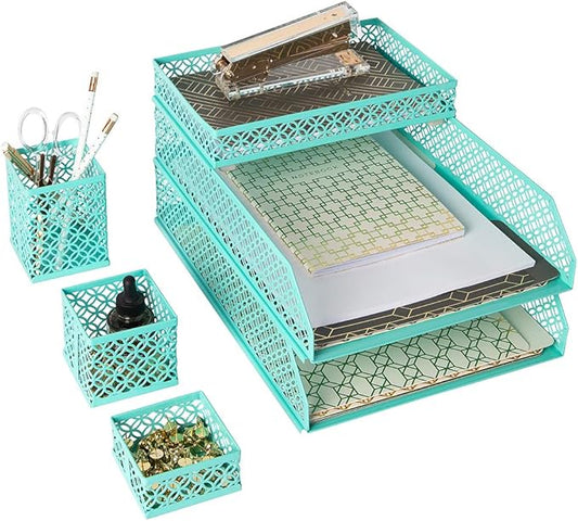 BLU MONACO Aqua Desk Organizer Set for Women | 6-Piece Interlocking Office Supplies Set | Pen Cup, Accessory Trays & Letter Trays | Steel Desktop Paper Organizer | Aqua Desk Organization System
